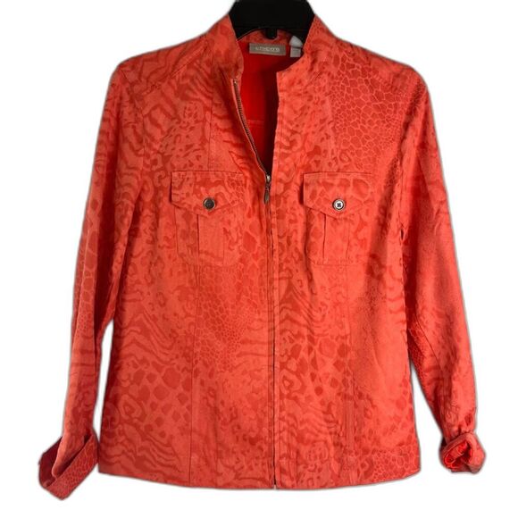 Chicos Embossed Orange Animal Print Full Zip Suede Jacket Chicos‎ Sz 0(SM) - Picture 1 of 9